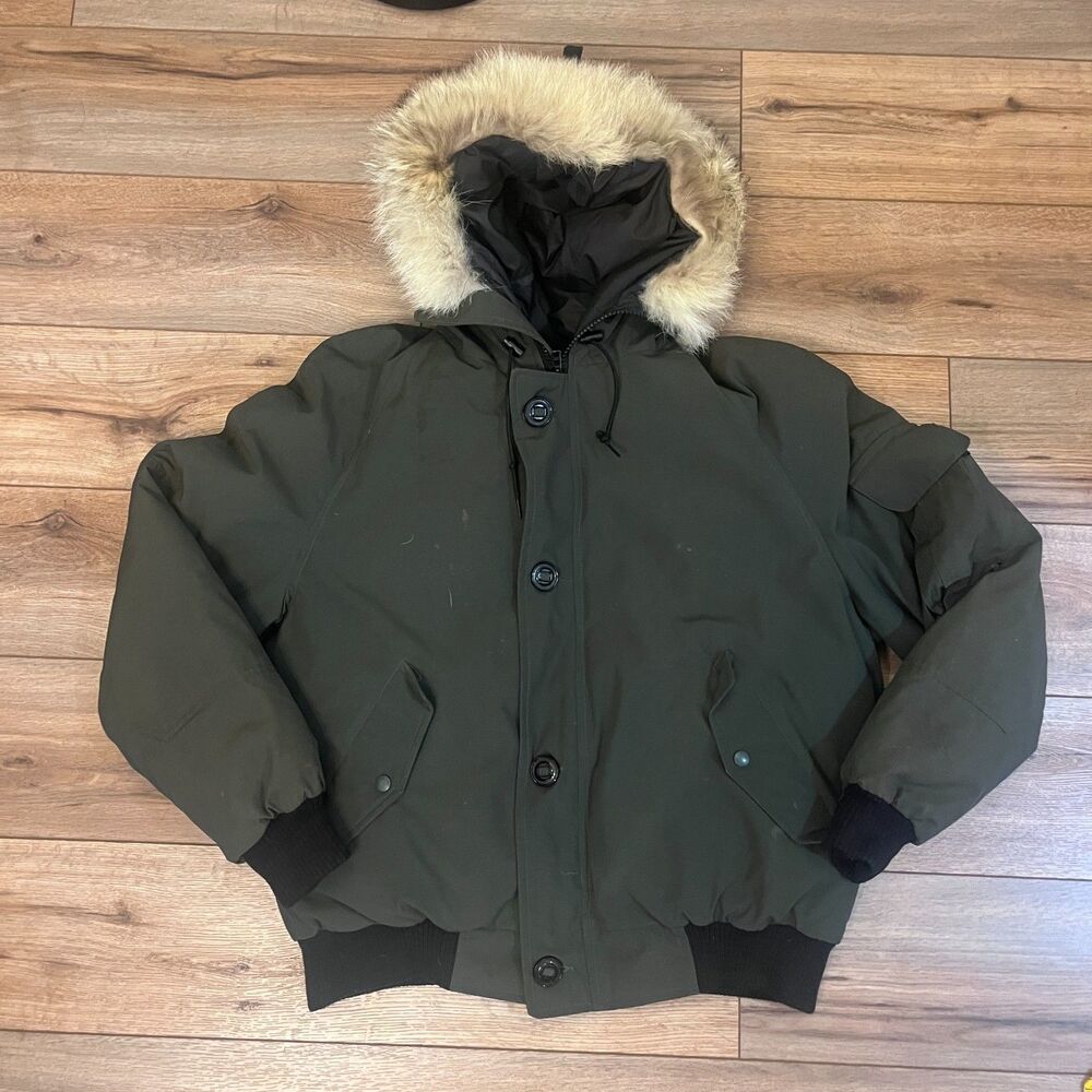 Cabela's Premium Goose Down Heavy Green Bomber Jacket Coat Coyote Fur Men's XL